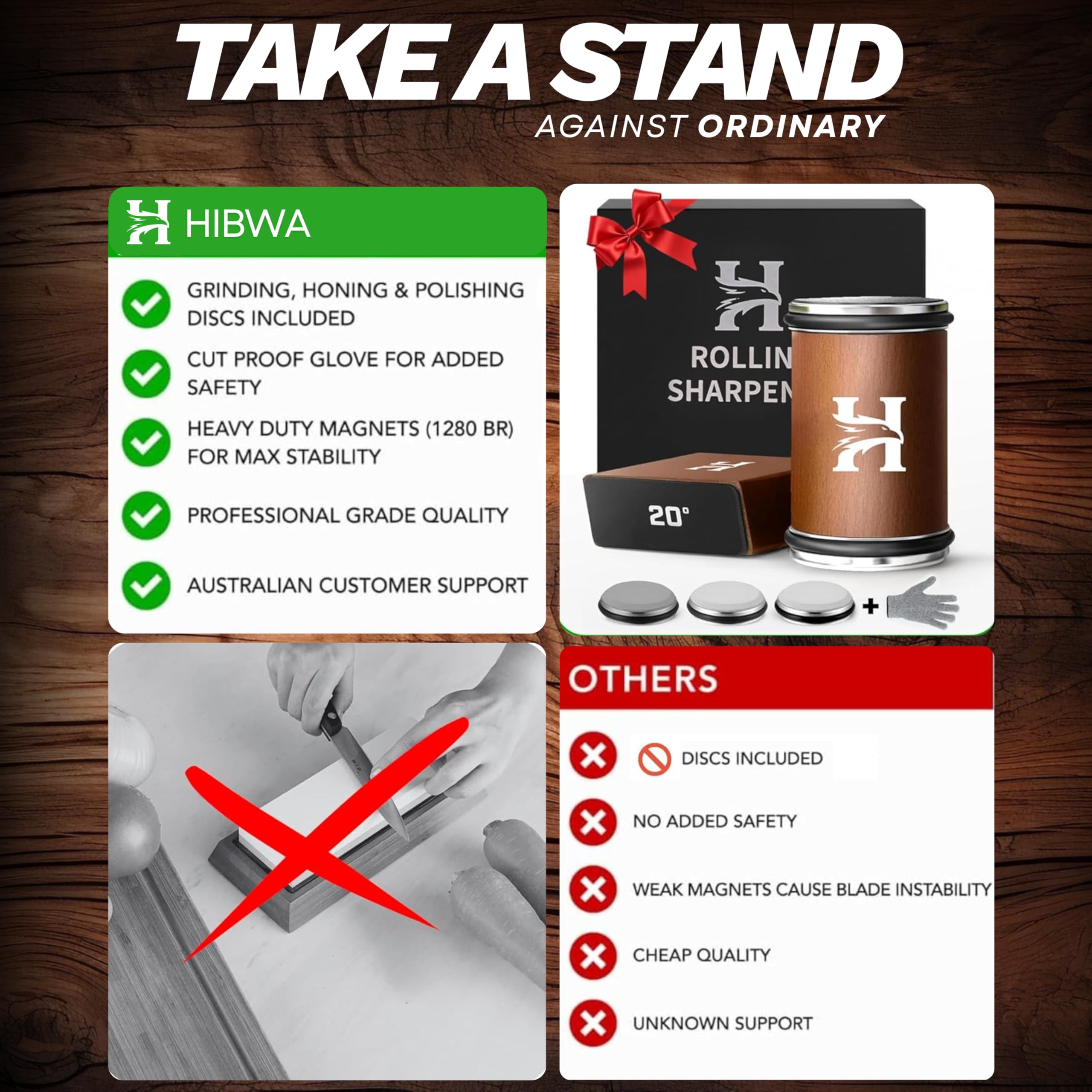 HIBWA professional-home kitchen use scene suggests reliable sharpening for chefs and home cooks.