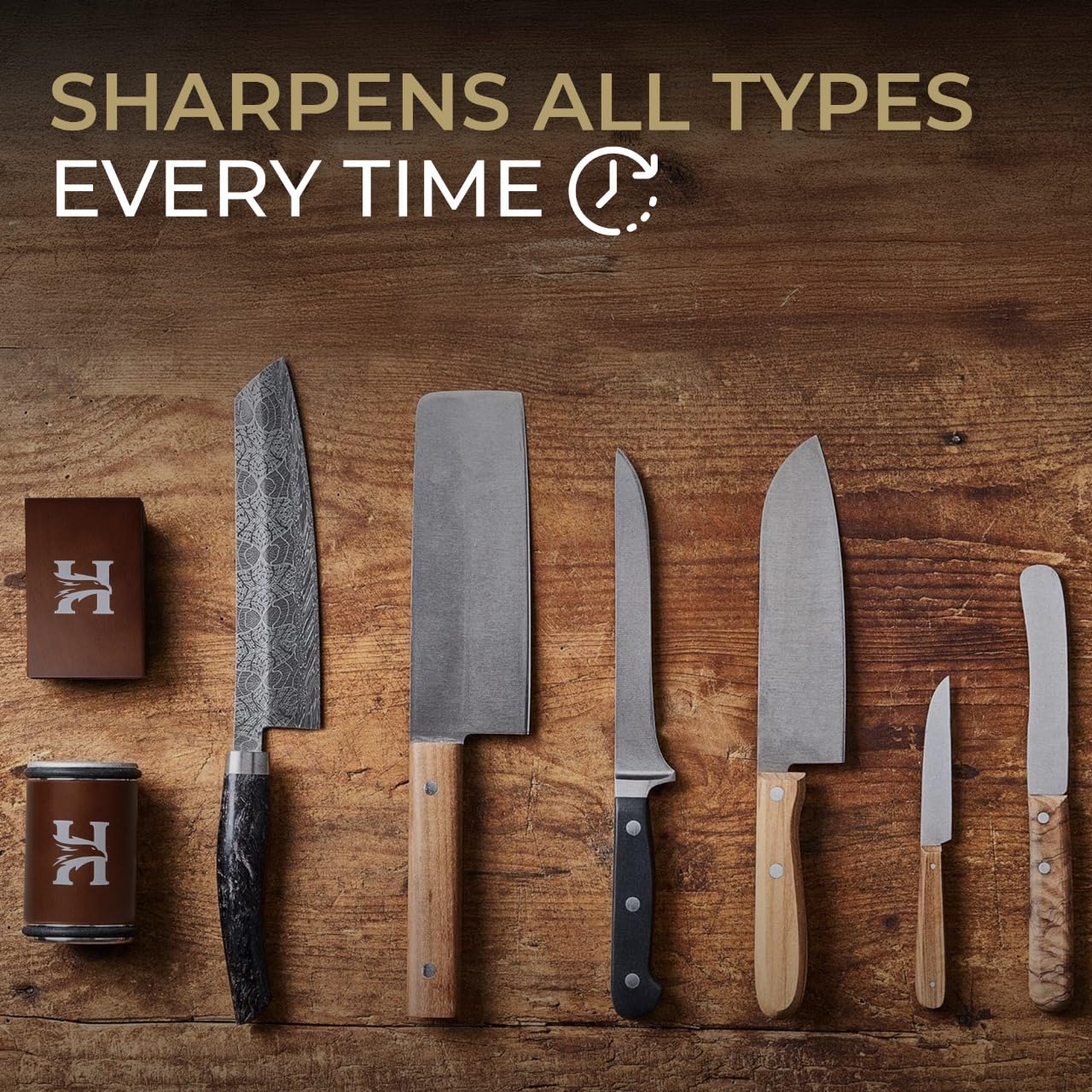 HIBWA rolling knife sharpener kit side view demonstrates portable use on any counter.