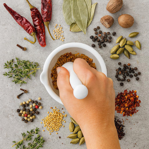 HIC Kitchen pestle grinding spices into a bold paste with aroma.