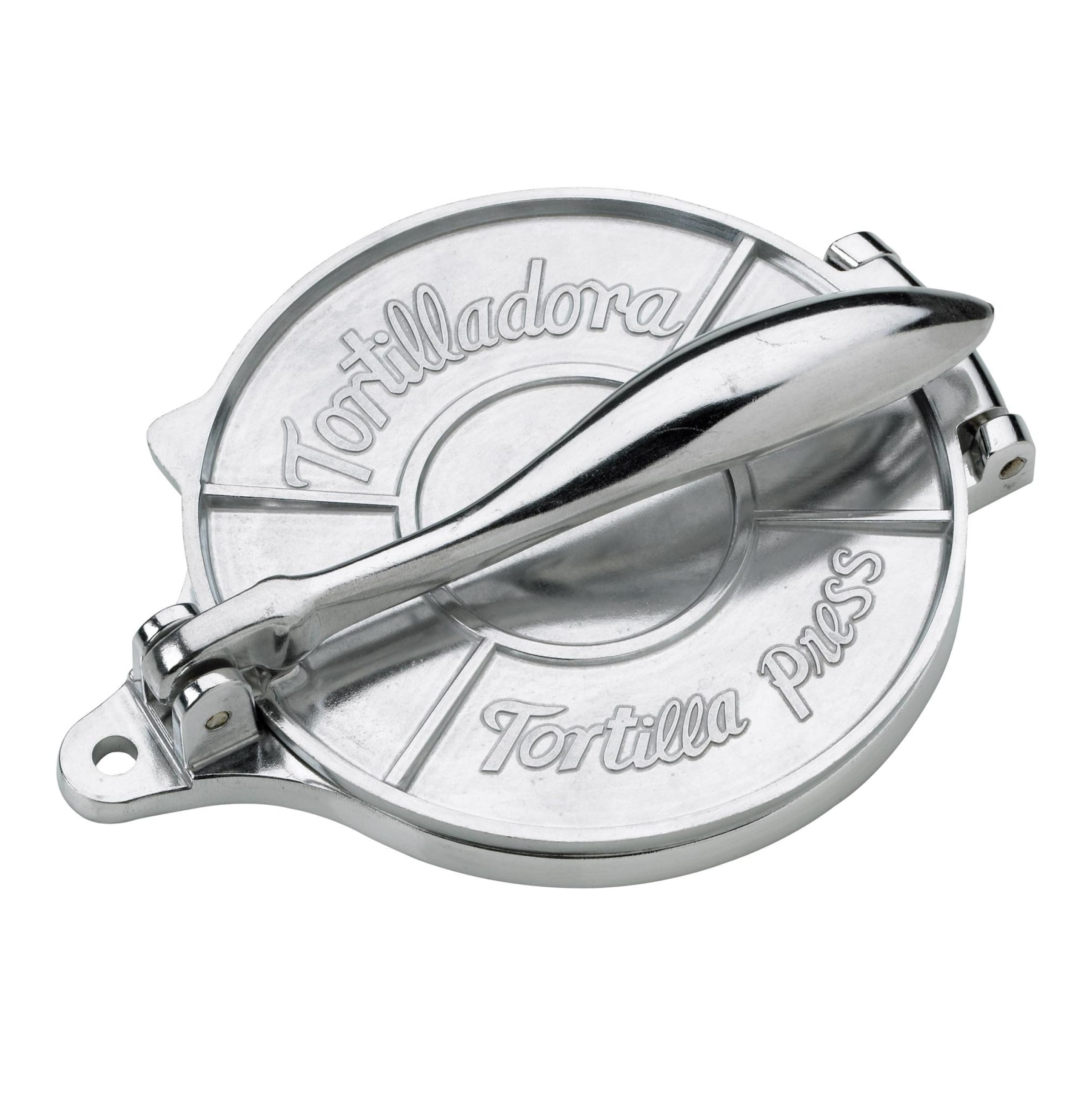 HIC Kitchen tortilla press forming 6-inch tortillas for wraps.