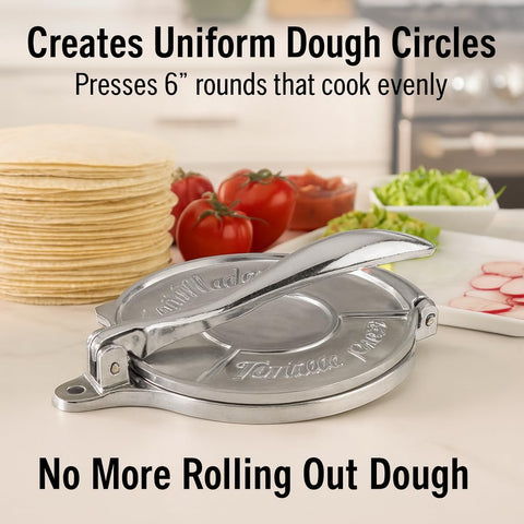 HIC Kitchen tortilla press shows a heavyweight aluminum body for durable performance.