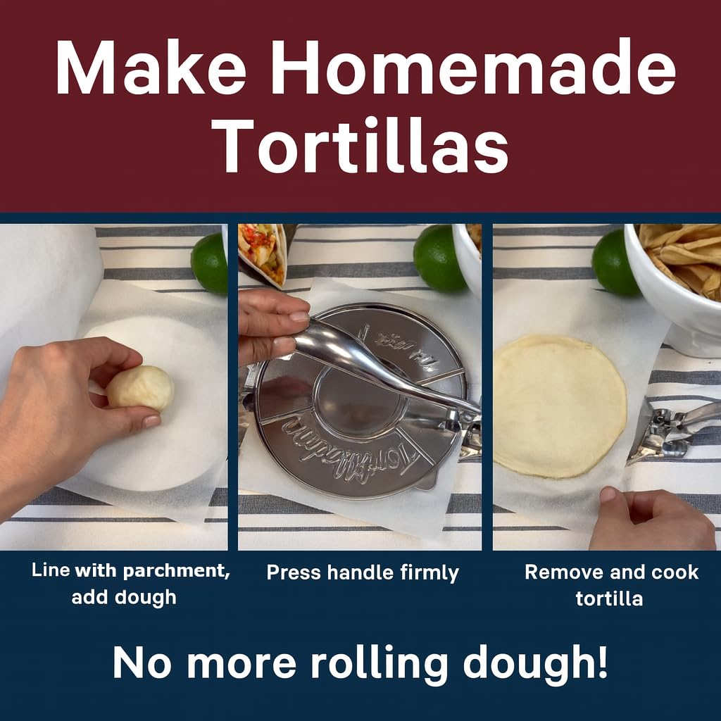 HIC Kitchen tortilla press versatile for pita, roti, and focaccia recipes.