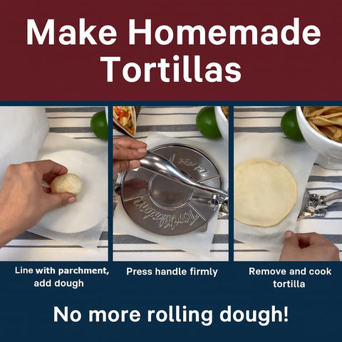 HIC Kitchen tortilla press versatile for pita, roti, and focaccia recipes.