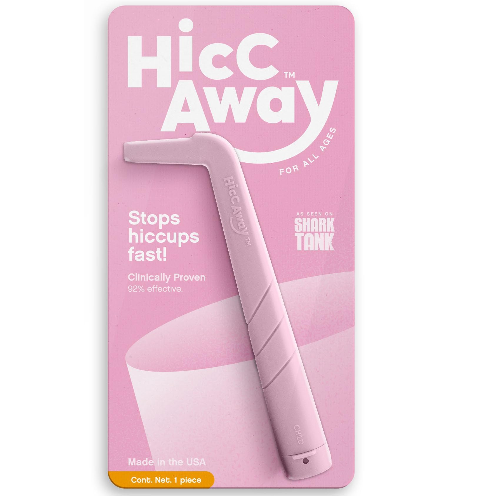 HiccAway pink hiccup straw in a glass of water ready to help stop hiccups.