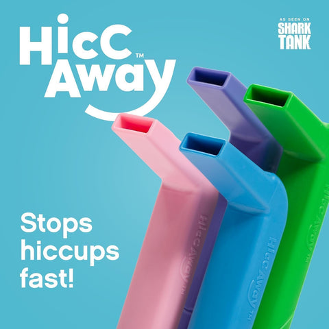 HICCAWAY water-glass usage shows simple sip-and-swallow method for rapid relief.