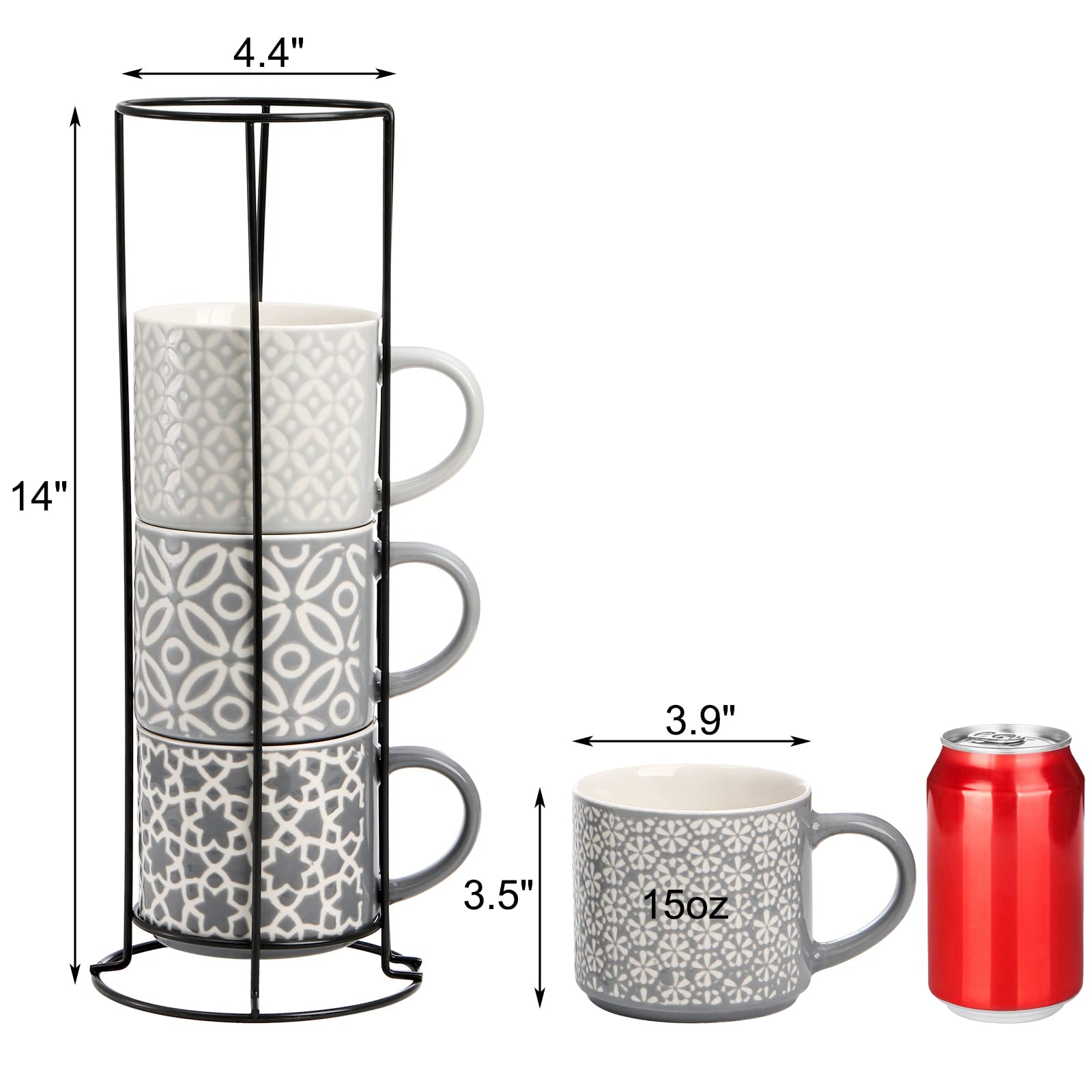 Hiceeden 15oz ceramic mugs stacked neatly save counter space.