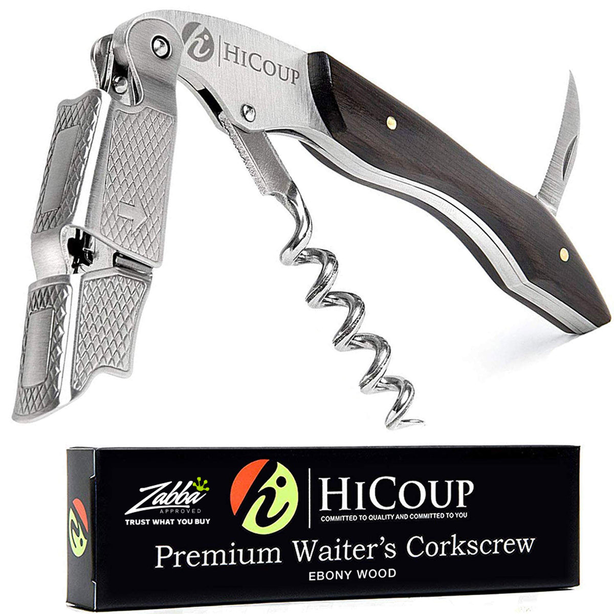 HiCoup Wine Opener with ebony wood handle for a comfortable grip and premium appeal.