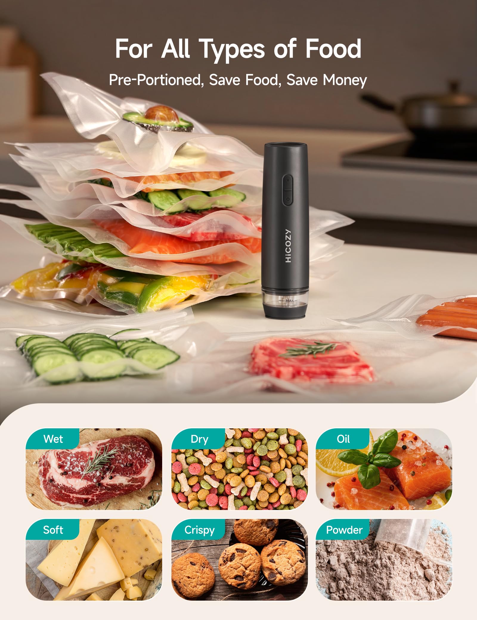 HiCOZY in-use view showing powerful suction and long battery life.
