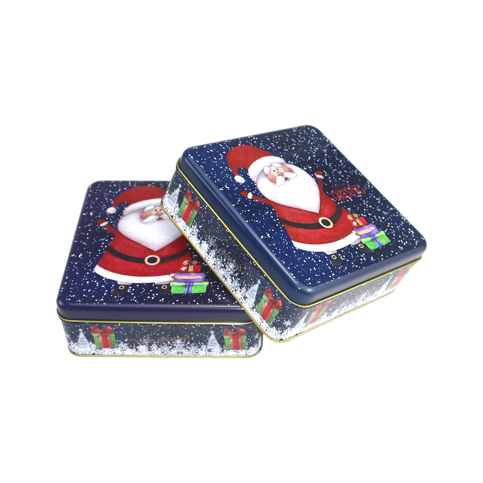 HIDERLYS Santa Claus tin decorates shelves while housing holiday treats.