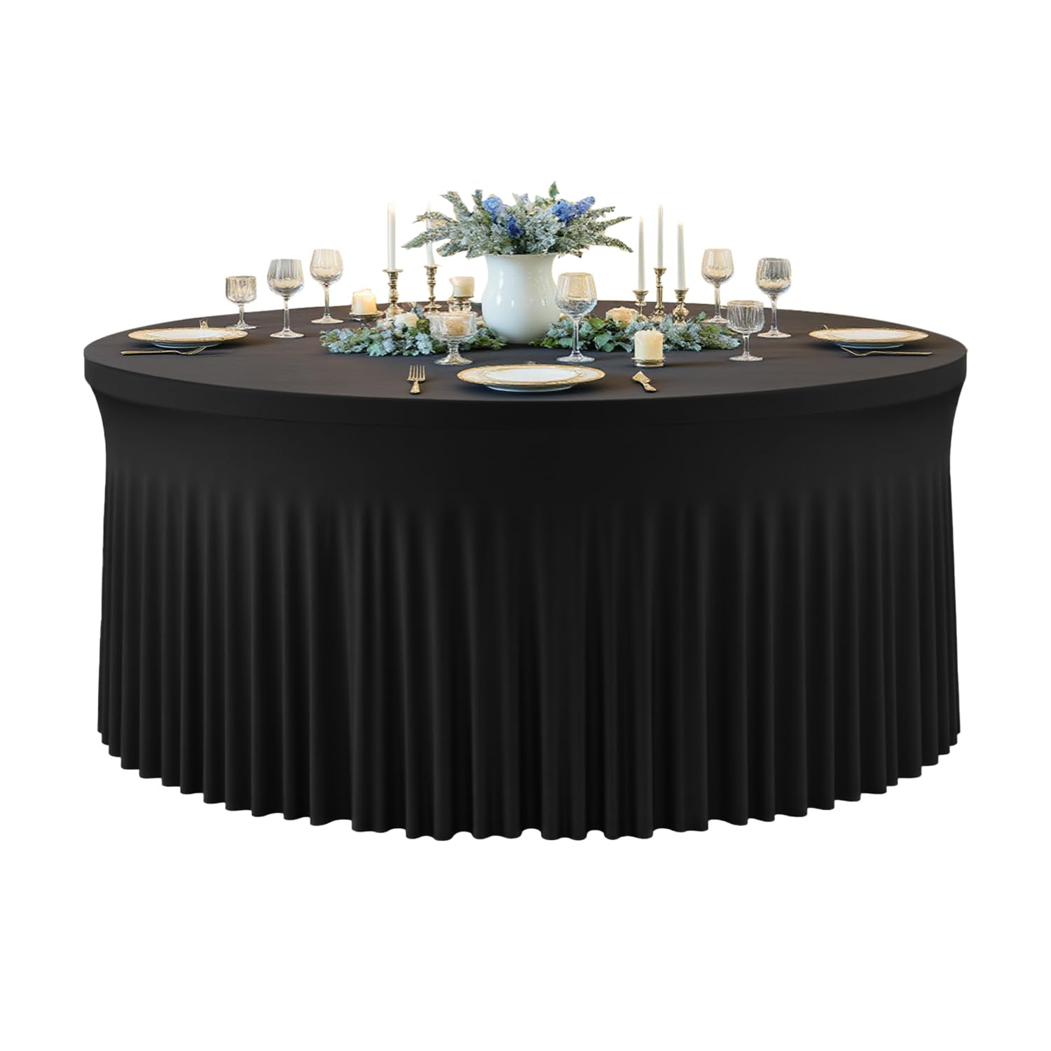 Hietaap black round tablecloth covers a 60-inch table with clean, timeless style
