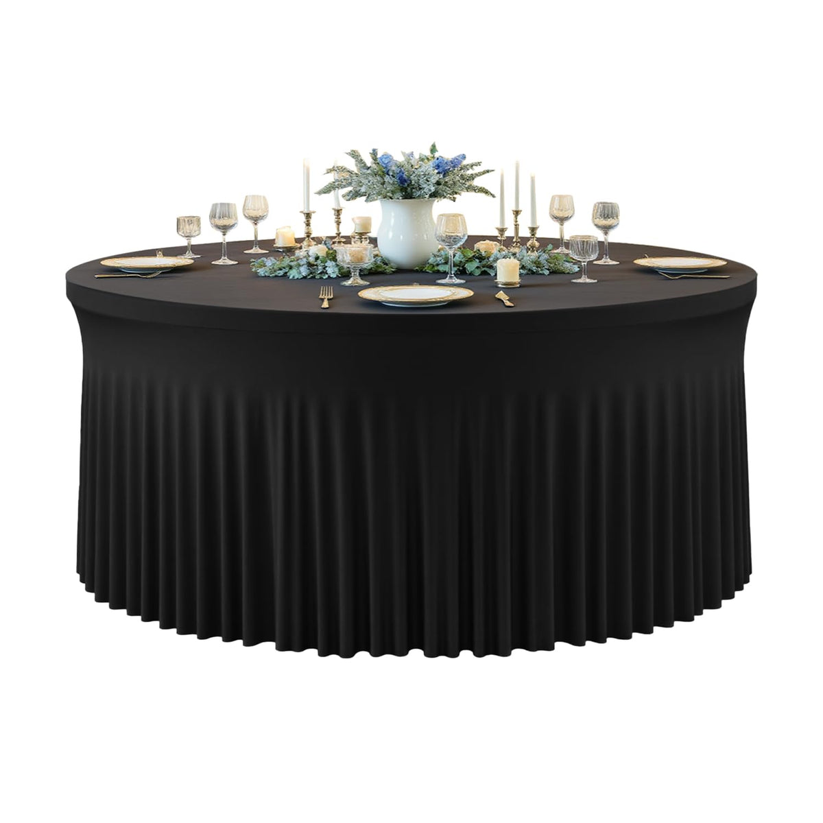 Hietaap black round tablecloth covers a 60-inch table with clean, timeless style