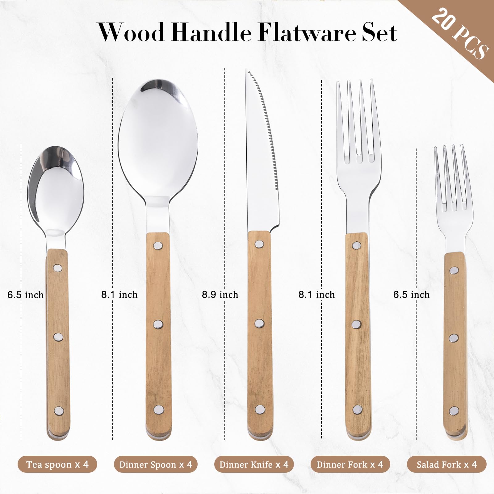 HIFIND acacia wood handle dinner forks with distinctive grain for stylish meals