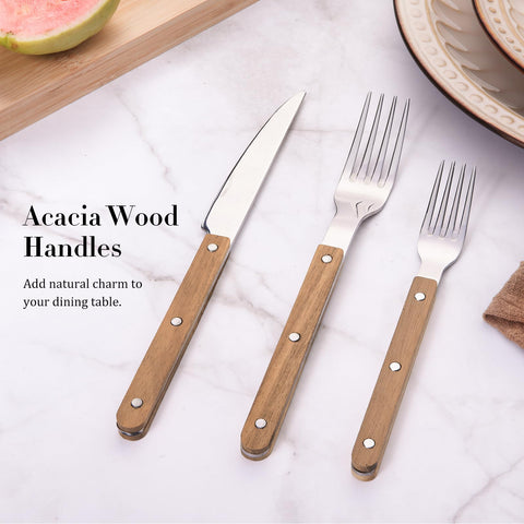 HIFIND acacia wood handle salad forks showing wood grain texture at table