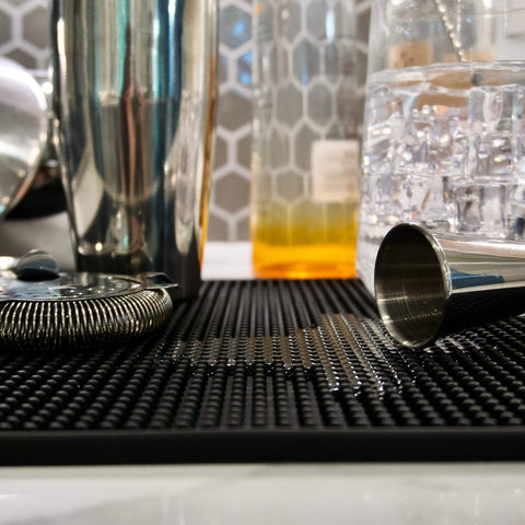 Highball & Chaser bar mat is dishwasher safe for quick cleaning.