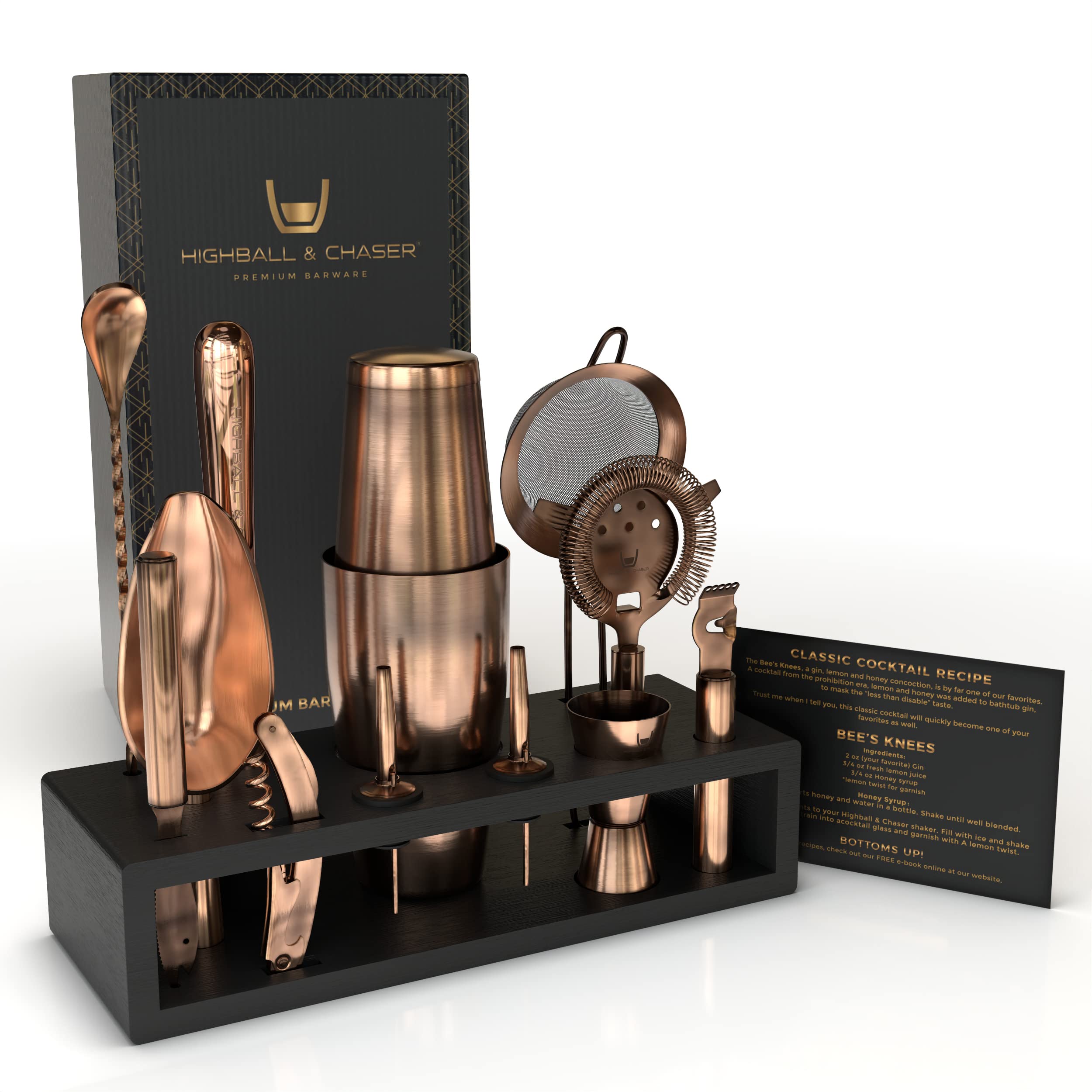Highball & Chaser bartender kit with black bamboo stand elevates home bar organization