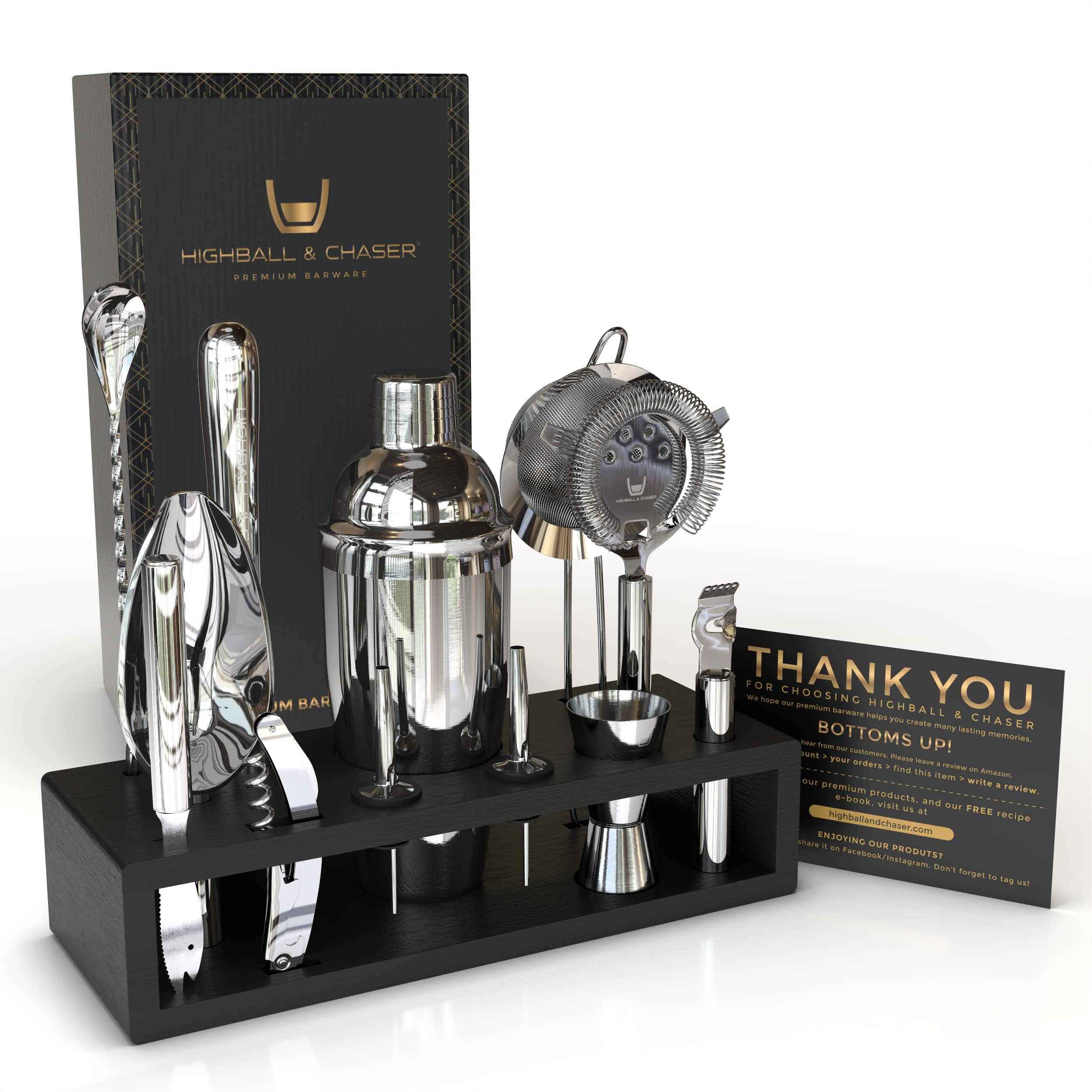 Highball & Chaser cobbler shaker set on stand for a modern home bar