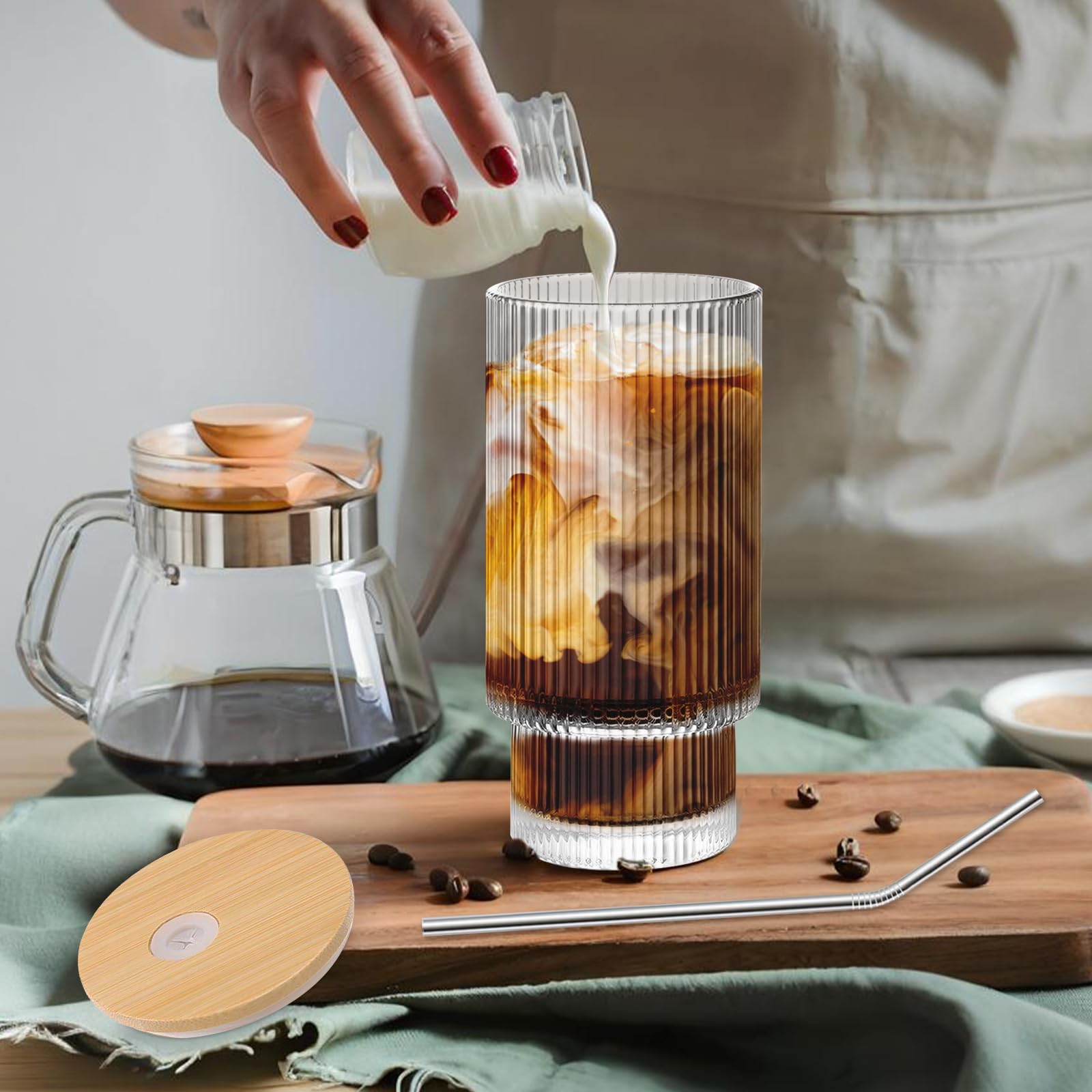 HIGIINC clear ribbed glass cups close-up showing grip-friendly texture.