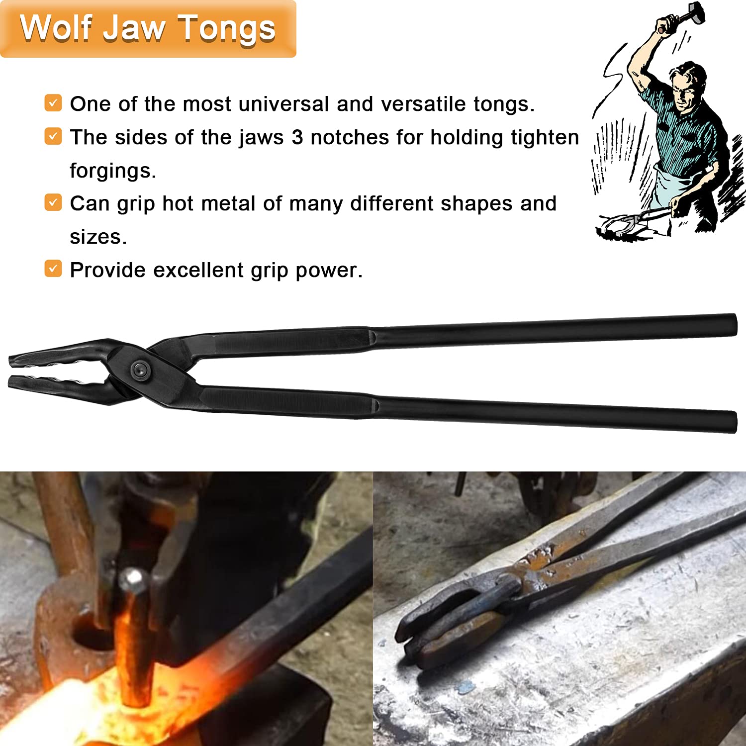 Hihitomorrow Wolf Jaw Tongs in use for secure metal clamping during smithing.