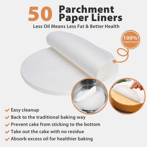 Hikolvol includes 50 parchment papers to line pans and prevent sticking.
