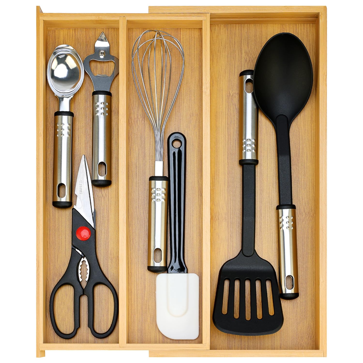Hilislog bamboo silverware drawer organizer tray keeps utensils neatly organized and within reach.