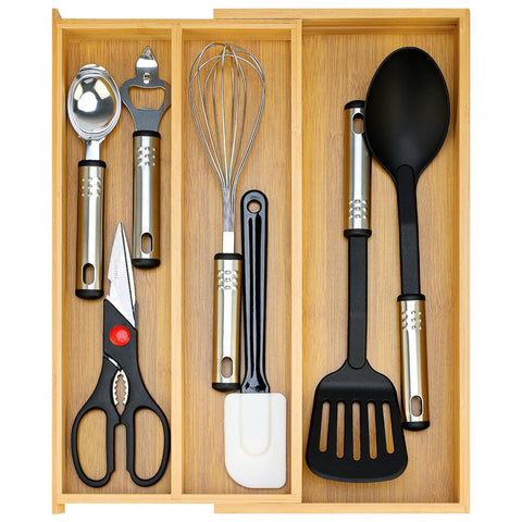 Hilislog bamboo silverware drawer organizer tray keeps utensils neatly organized and within reach.