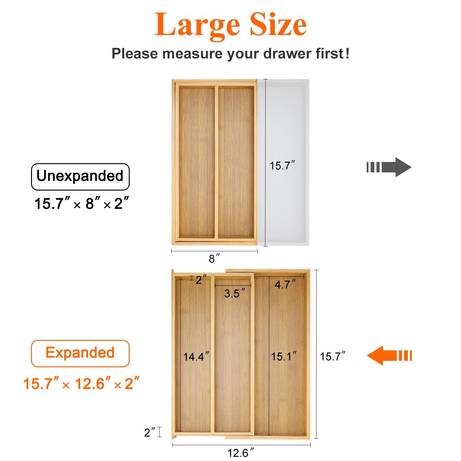 Hilislog expandable drawer organizer adapts from 8 to 12.6 inches for a flexible fit.