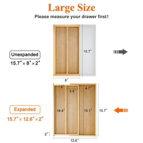 Hilislog expandable drawer organizer adapts from 8 to 12.6 inches for a flexible fit.