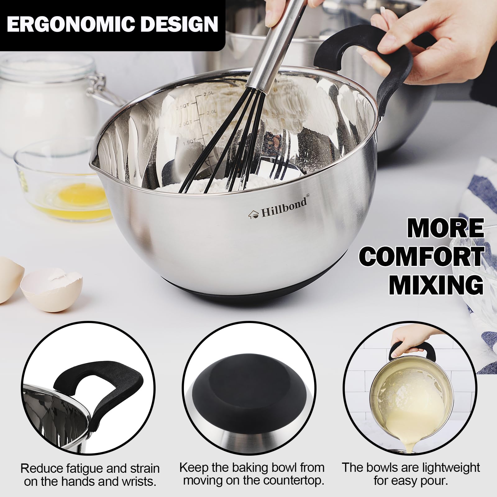 Hillbond stainless steel bowls with silicone handles for stable mixing.