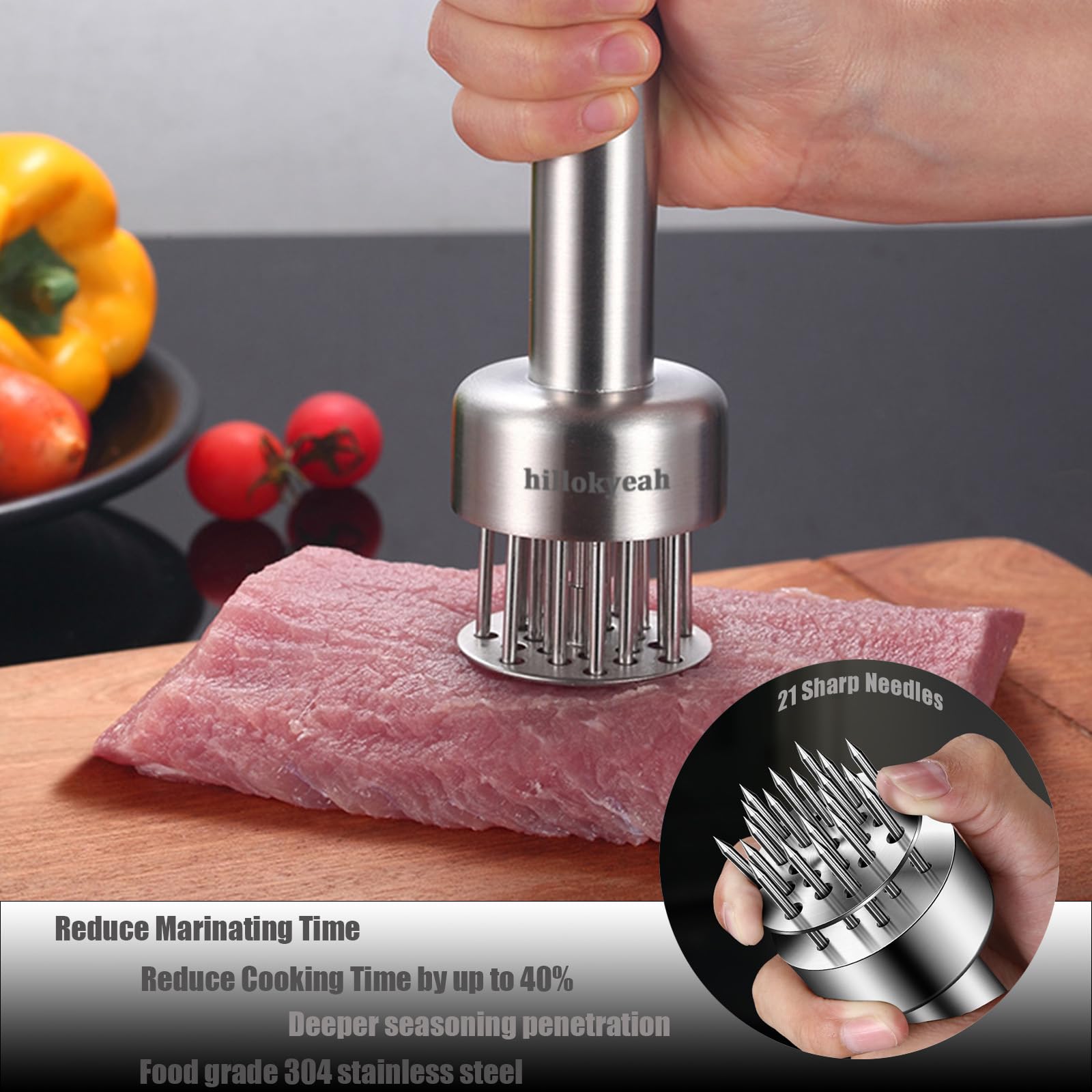 Hillokyeah meat tenderizer showing the retractable guard for safe use