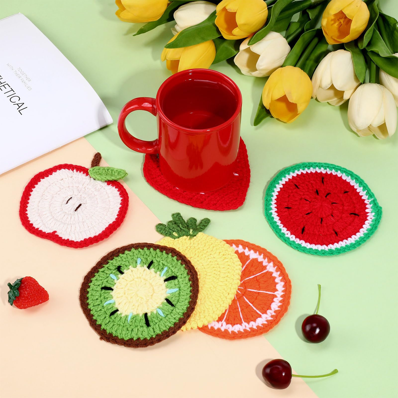 Hillsuren fruit crochet coaster kiwi safeguards tables with colorful absorbent design