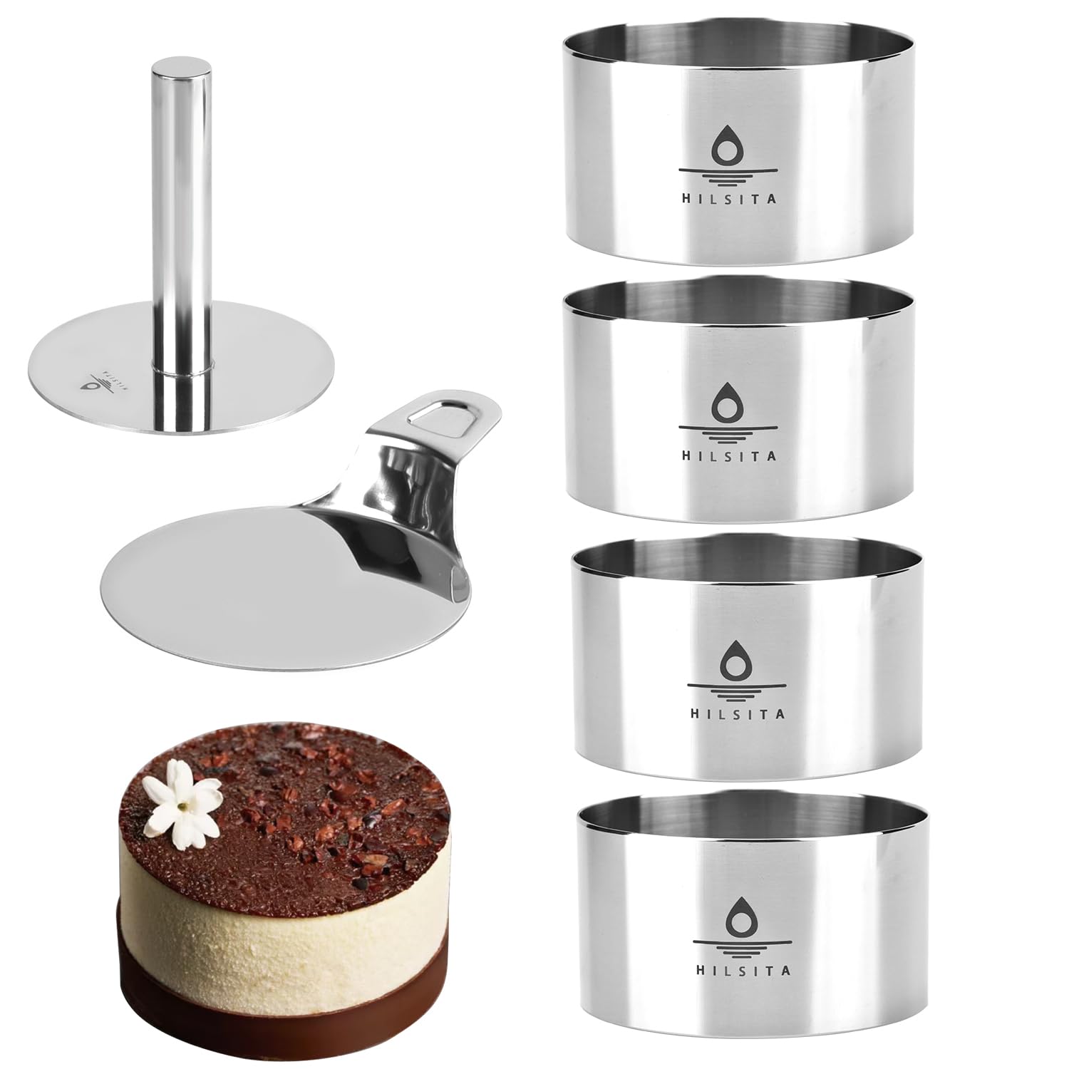 Hilsita cake ring mold set in stainless steel for four-inch cakes.