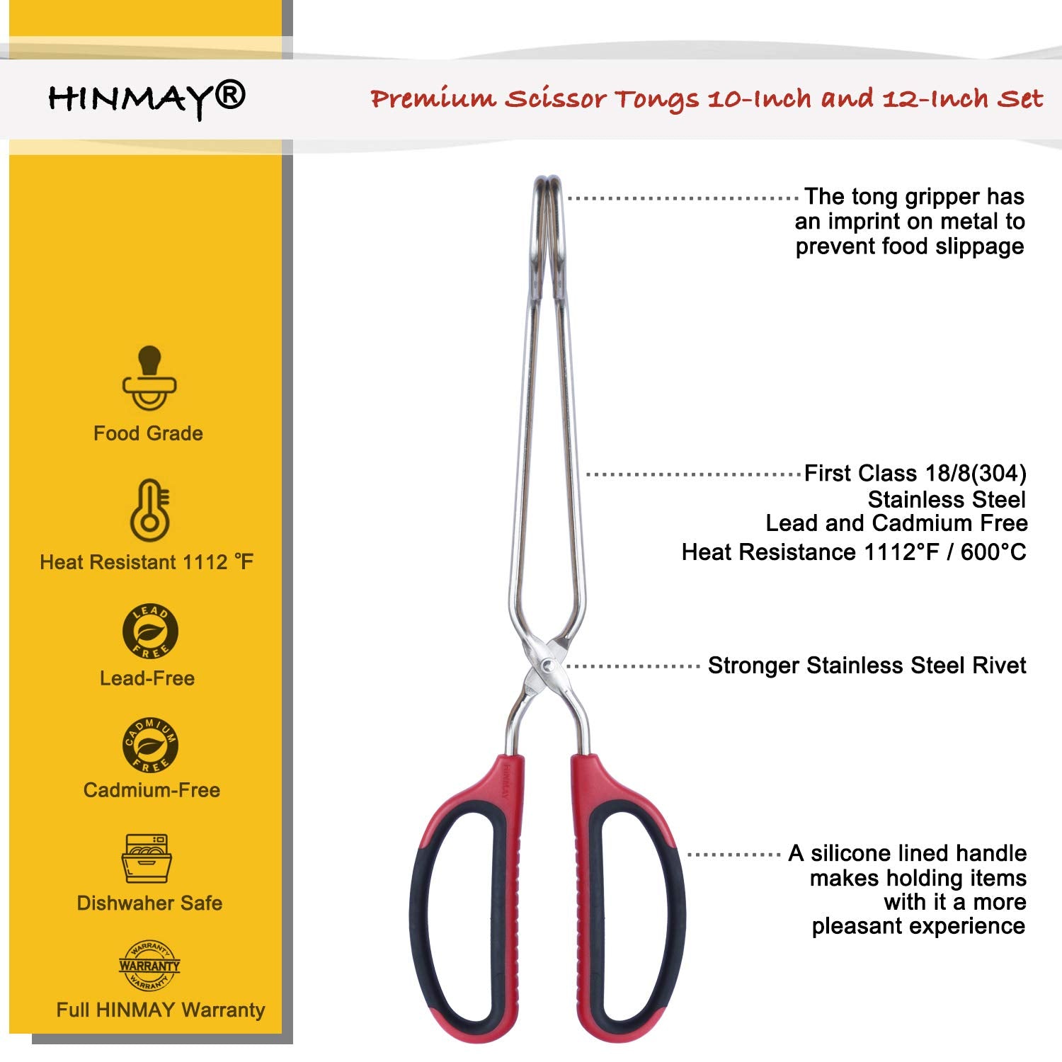 HINMAY 12-inch stainless steel tong ideal for larger meats and grilling