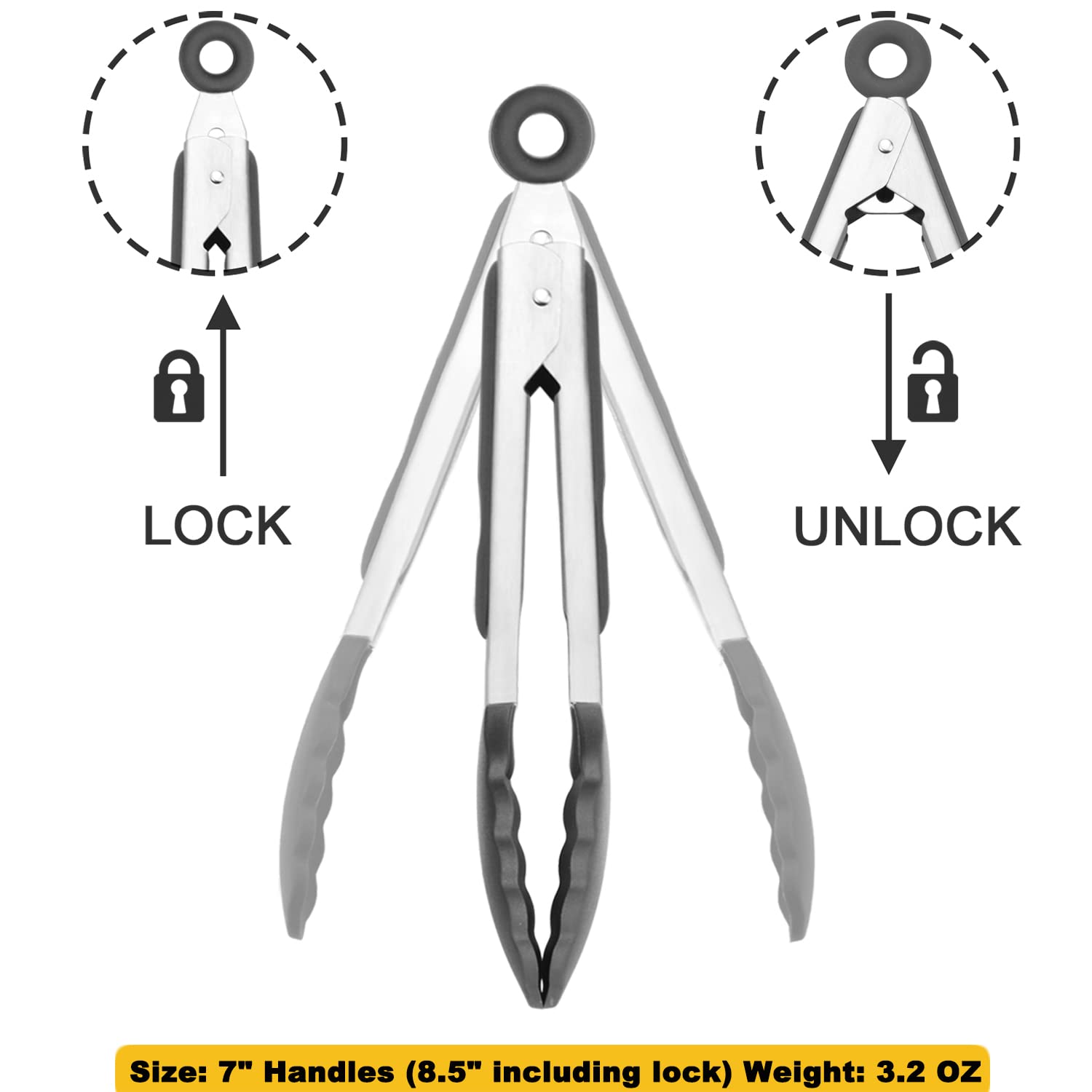 HINMAY 7-inch silicone tongs in white, safe on nonstick cookware.