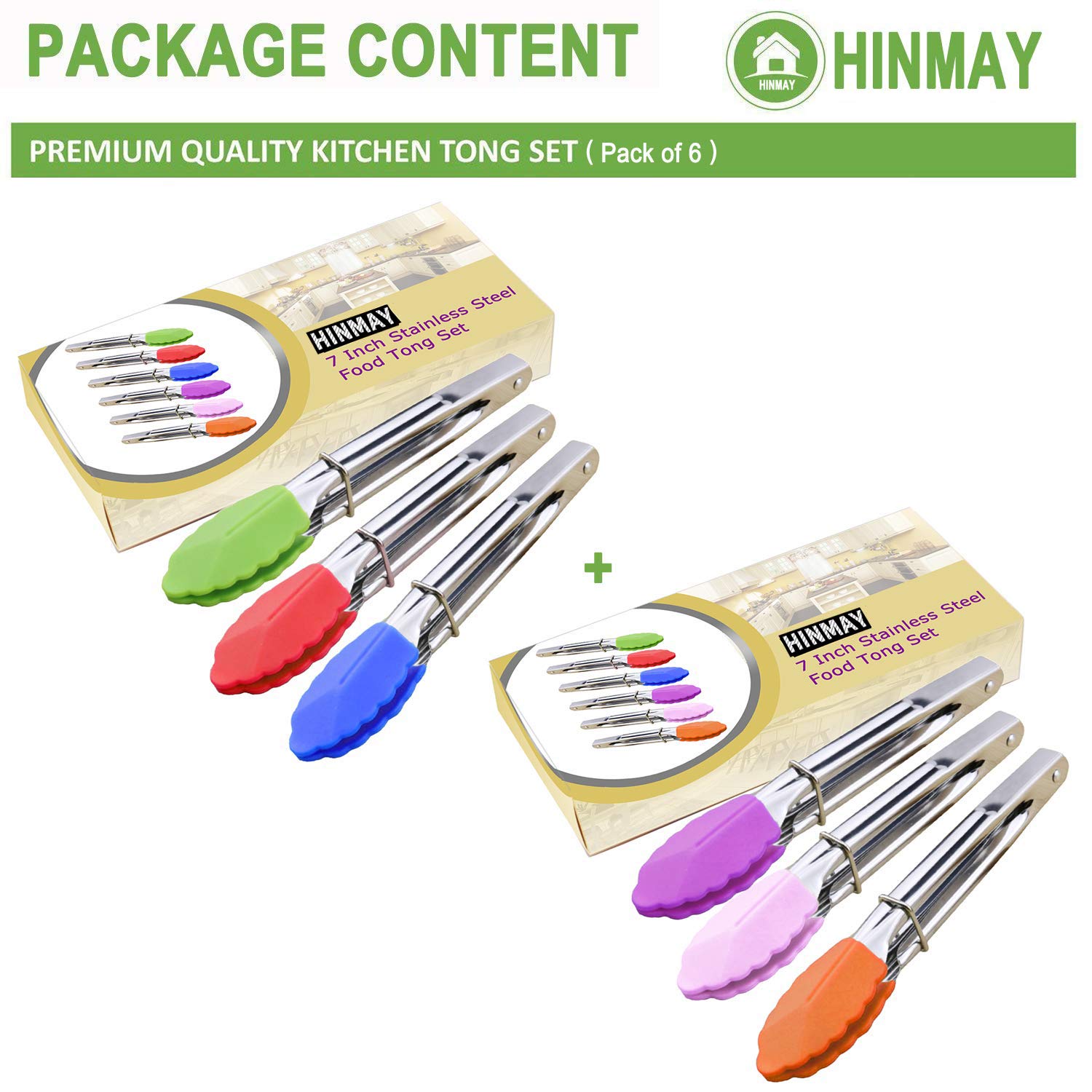 HINMAY red silicone-tipped 7-inch tongs ideal for quick food turns