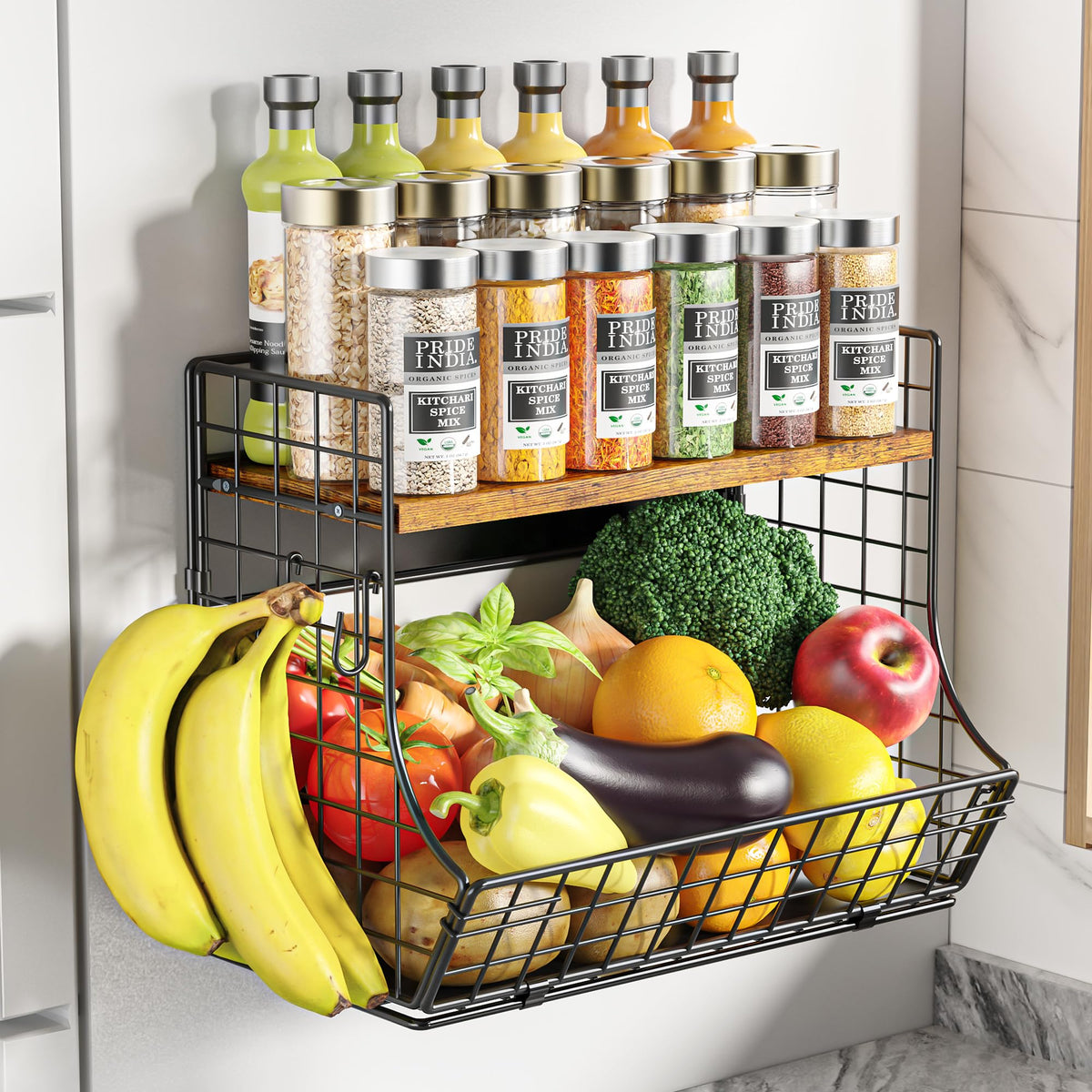 HIPLIYS magnetic shelf on fridge with wood lid offers sturdy, accessible storage.
