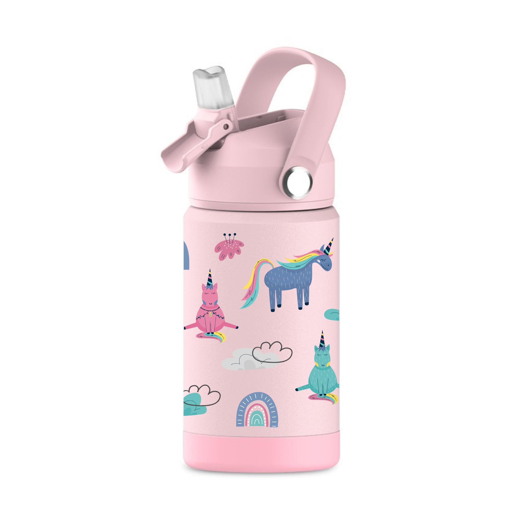Hippypotamus kids water bottle pink unicorn front view, durable stainless steel for everyday adventures