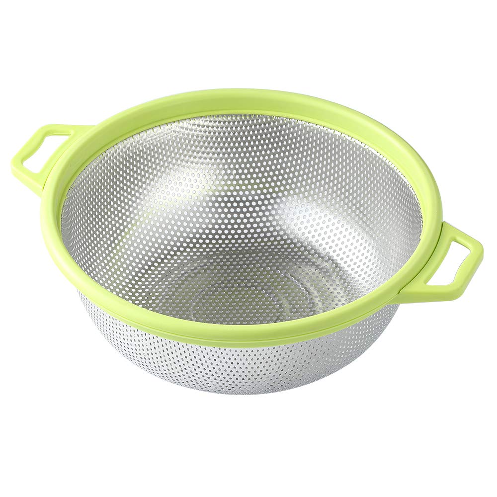HiramWare stainless steel colander with handle and legs for easy pouring and draining.