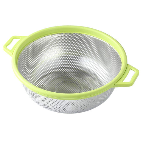 HiramWare stainless steel colander with handle and legs for easy pouring and draining.