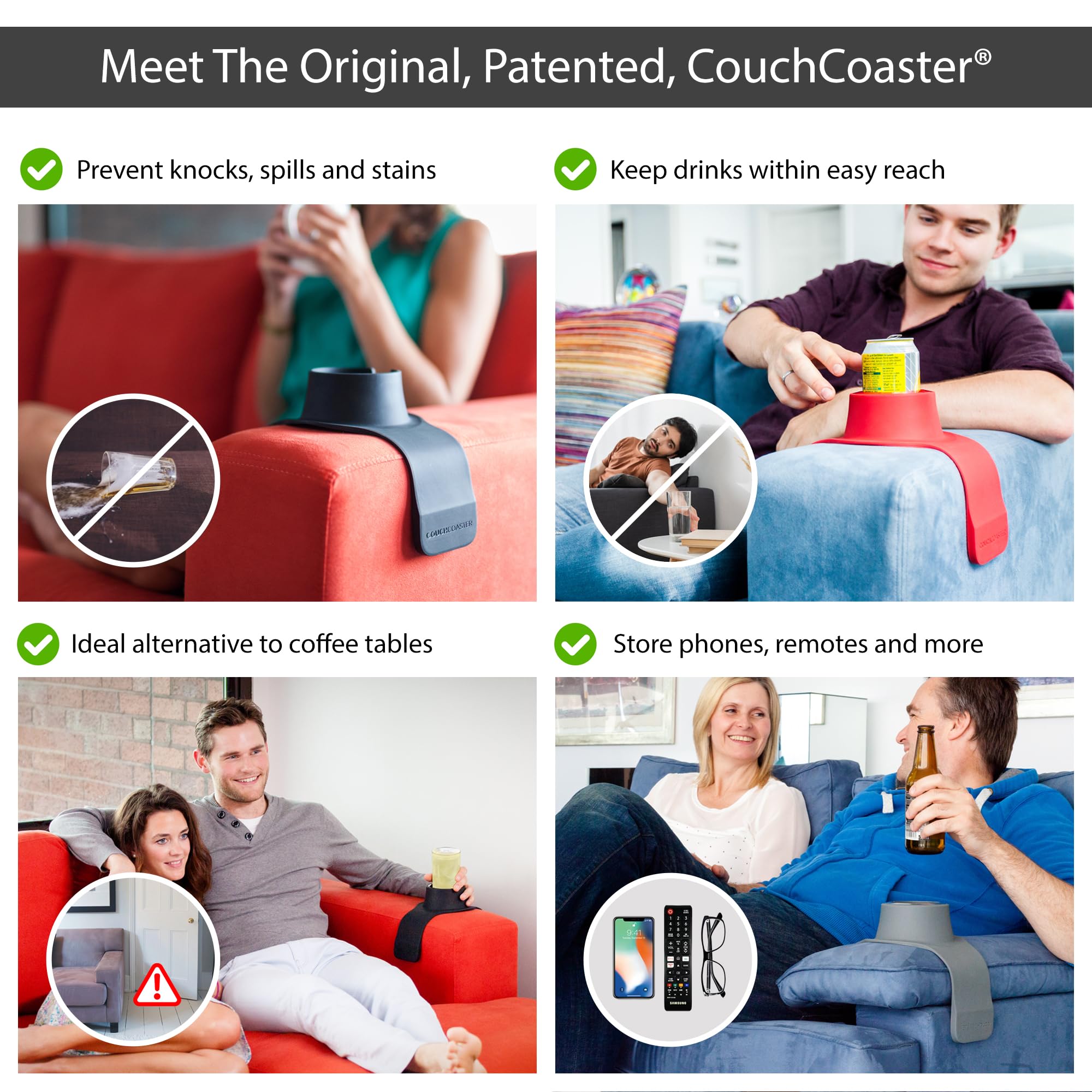 Hit Products CouchCoaster anti-slip silicone base prevents spills on couches.