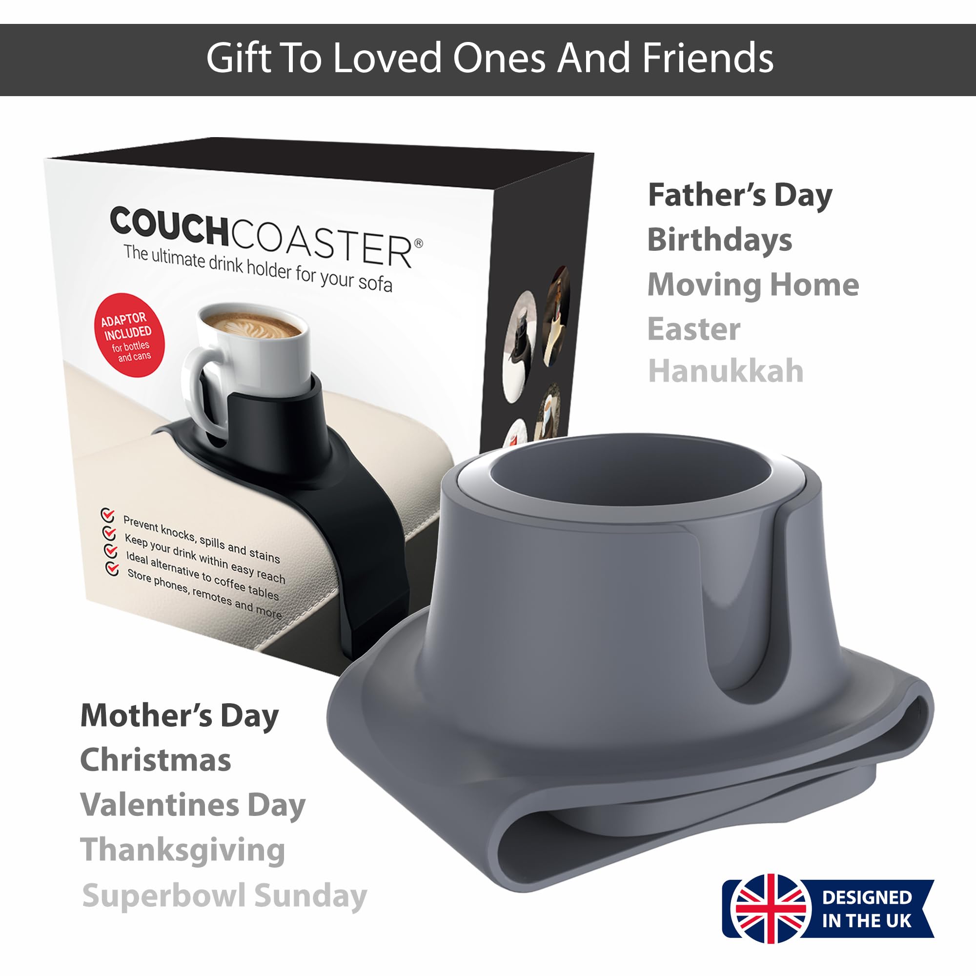Hit Products CouchCoaster in use on a sofa for easy reach while relaxing.