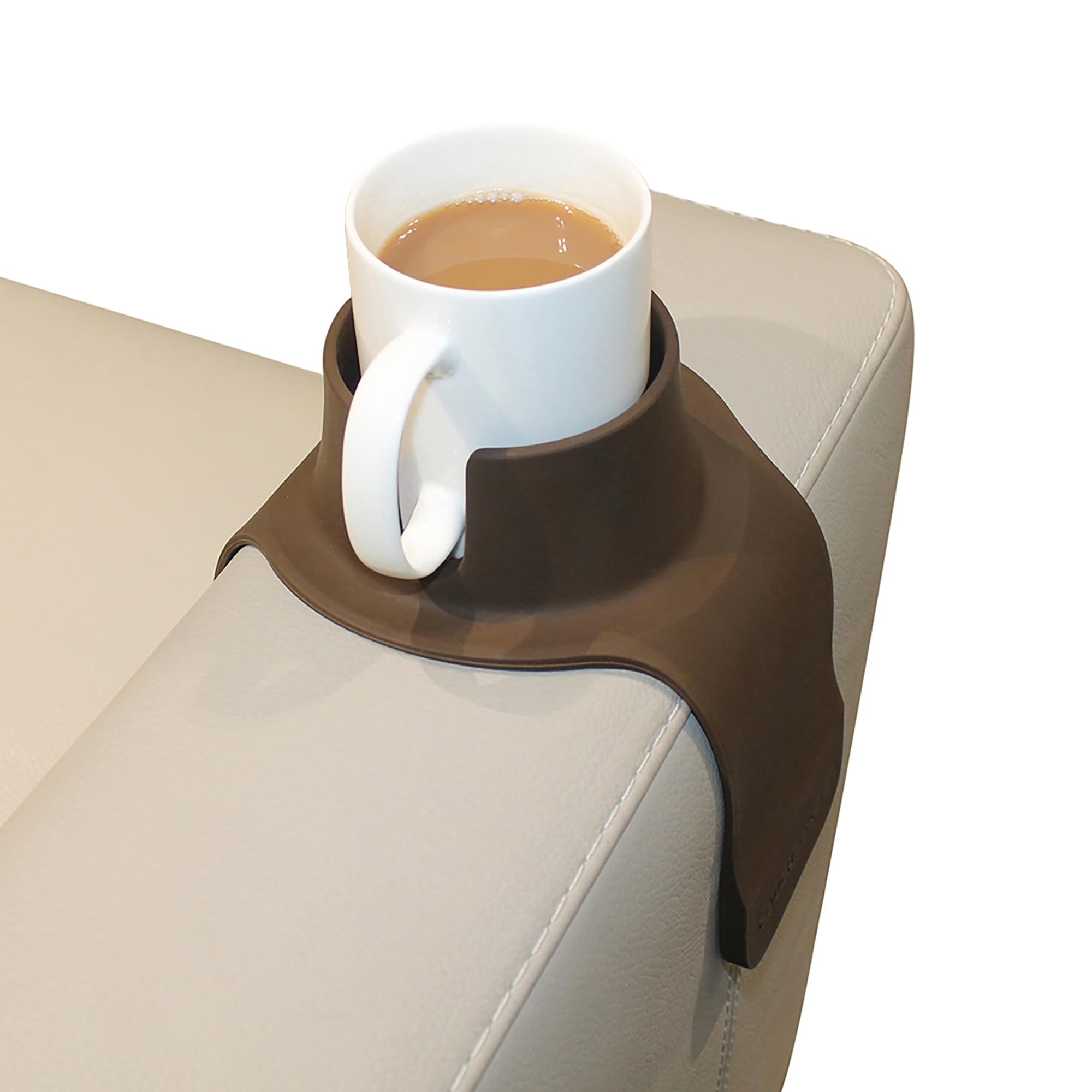 Hit Products CouchCoaster original mocha brown secures drinks on sofa armrests.