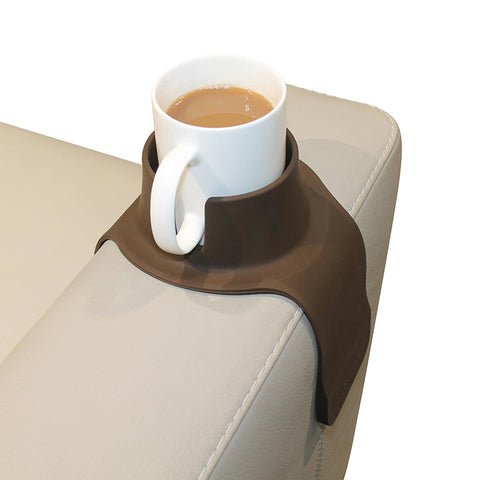 Hit Products CouchCoaster original mocha brown secures drinks on sofa armrests.