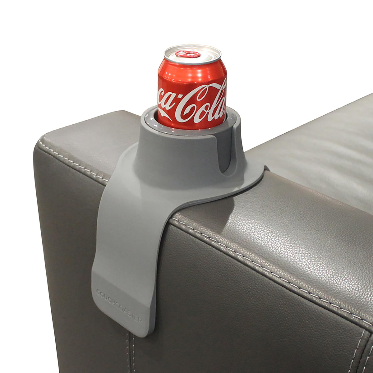 Hit Products CouchCoaster steel-grey armrest holds drinks securely.