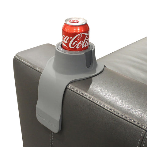 Hit Products CouchCoaster steel-grey armrest holds drinks securely.