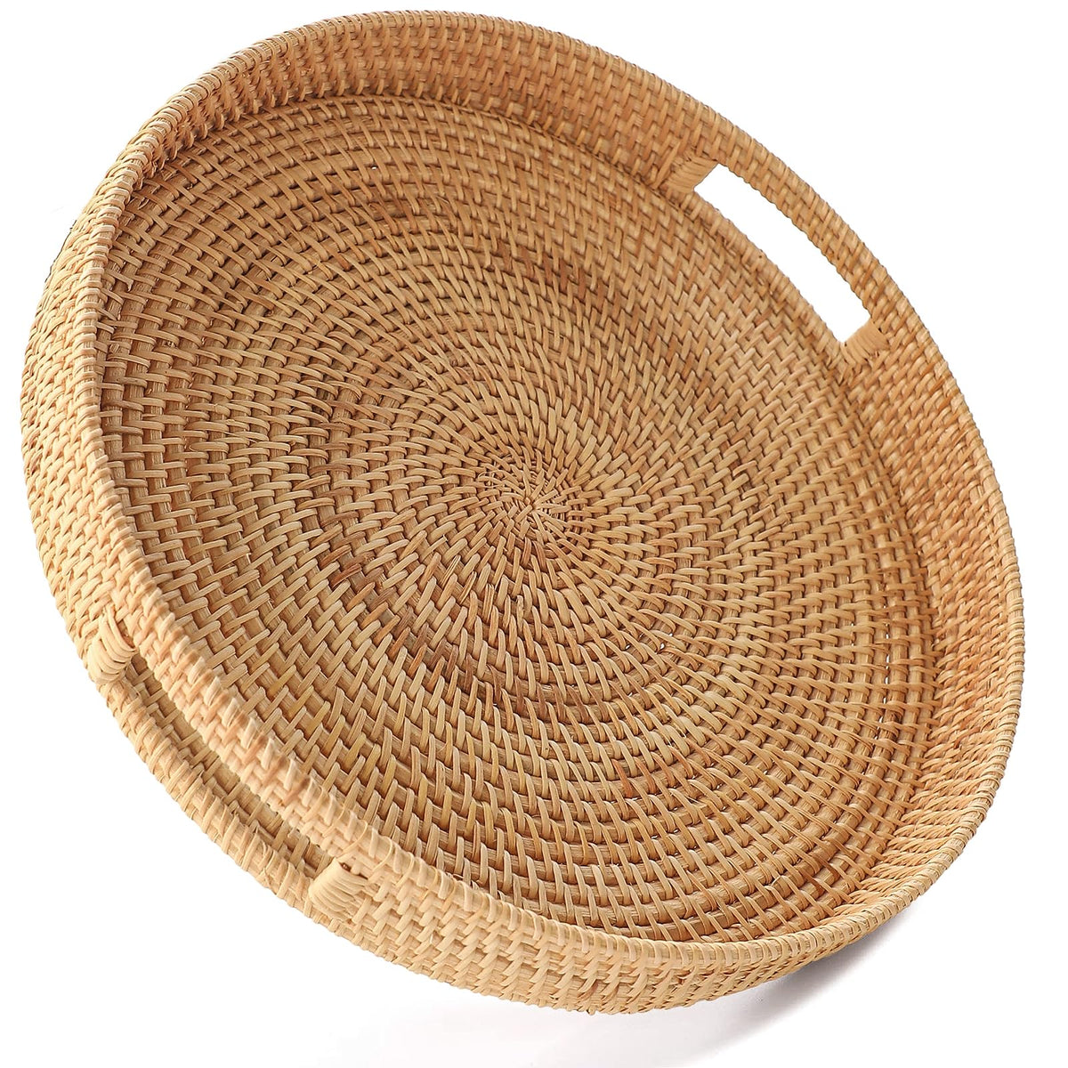 Hitomen 118-round rattan tray with handles, ideal for serving on a coffee table.