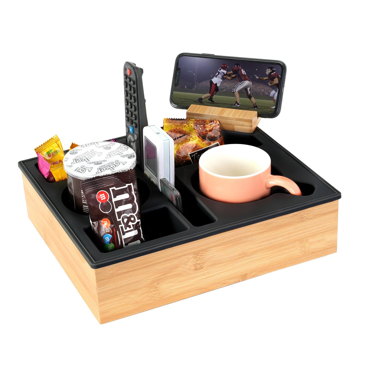 Hitseon couch cup holder tray on sofa for spill-free snacking.