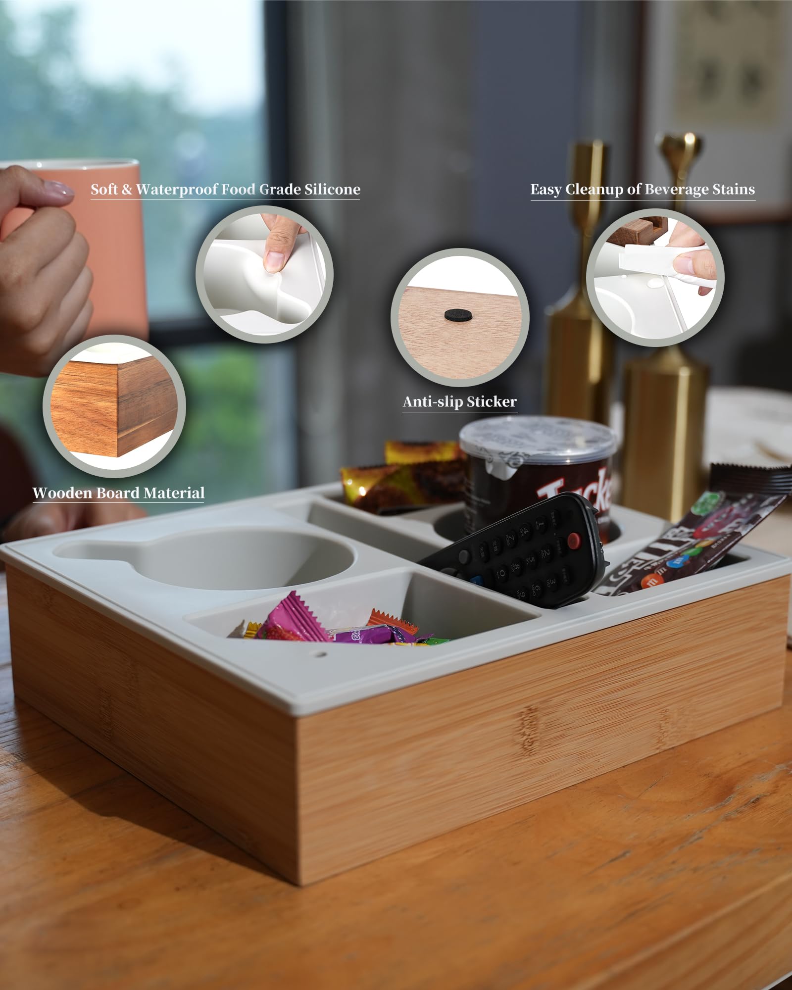 Hitseon compact couch caddy keeps remotes and snacks within reach.
