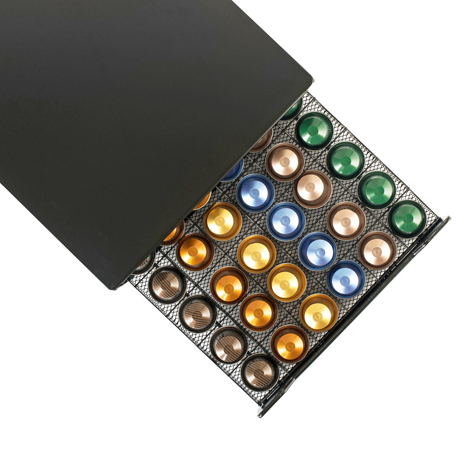 HiveNets metal coffee pod rack drawer slides smoothly for easy selection.