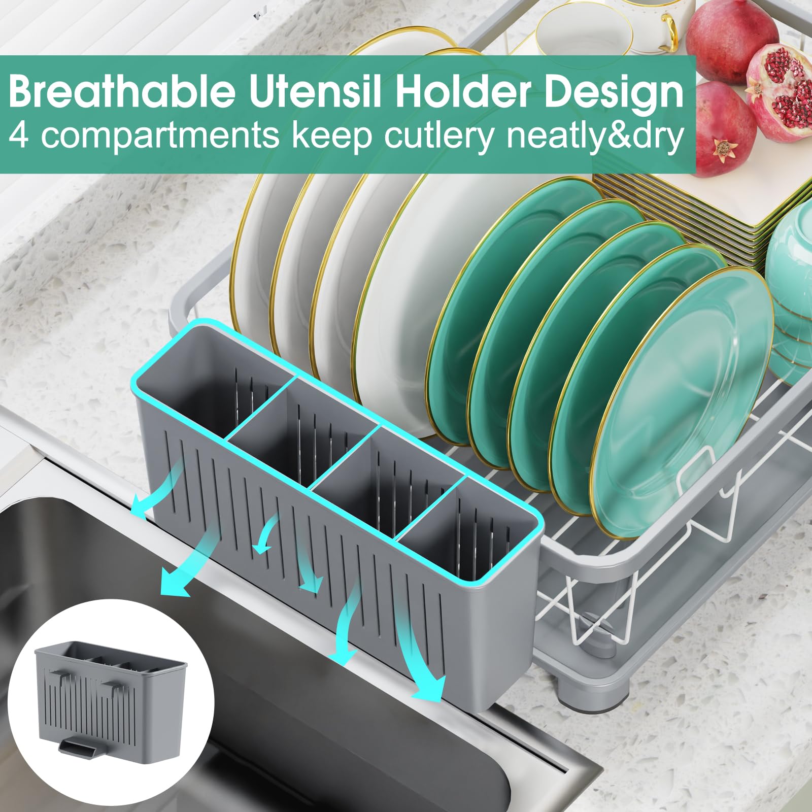 Hiviweer dish rack with drainboard showing water draining into sink.