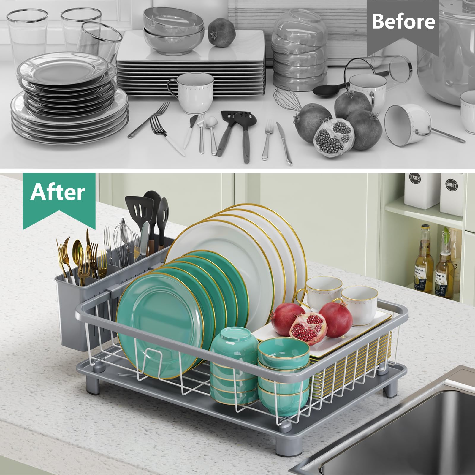Hiviweer gray dish rack on kitchen counter with space-saving layout.